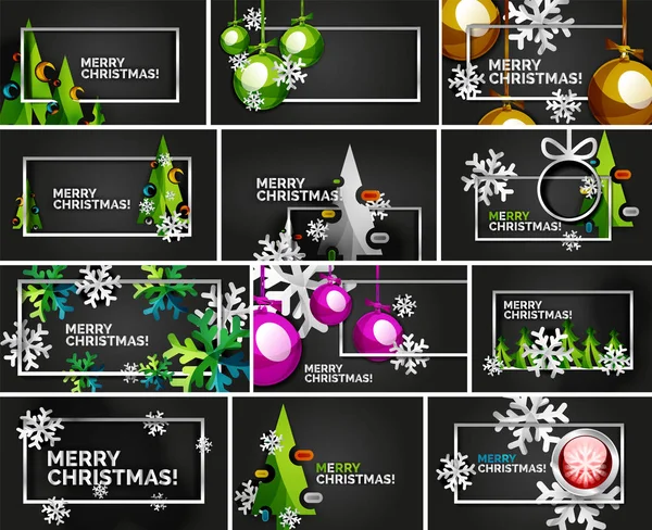 Set di modelli minimi di design natalizio, albero di Natale geometrico astratto, neve, palline giocattolo di Natale — Vettoriale Stock