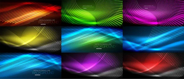 Set of neon smooth wave digital abstract backgrounds — Stock Vector