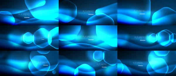 抽象的な背景 - 幾何学的なネオン輝くガラス六角形デザインのセット — ストックベクタ
