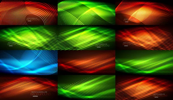 Set of neon smooth wave digital abstract backgrounds — Stock Vector