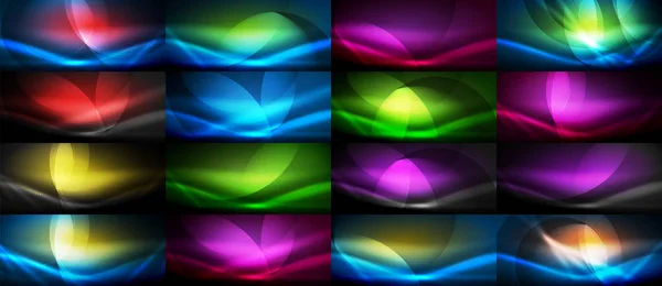 Set of vector neon flowing wave abstract backgrounds — Stock Vector