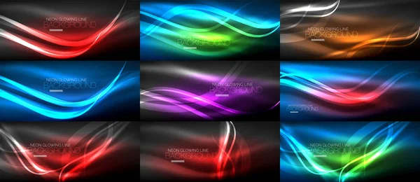 Ensemble d'ondes lumineuses lisses au néon dans les fonds sombres et abstraits — Image vectorielle