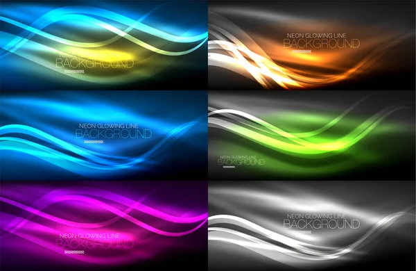 Conjunto de ondas brillantes de luz suave de neón en los fondos oscuros y abstractos — Vector de stock