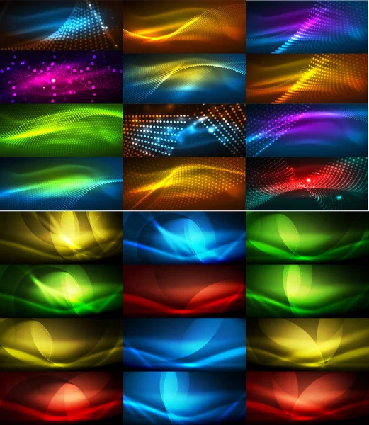 Set of glowing neon techno shapes, abstract background collection. Vector futuristic magic space wallpapers — Stock Vector
