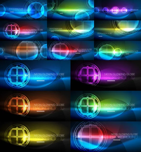 Neón brillante globo luz fondos abstractos colección, mega conjunto de fondos concepto mágico de energía — Vector de stock