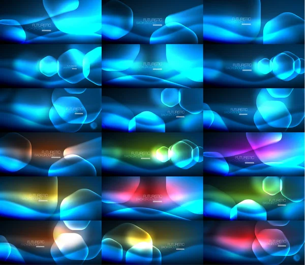 ネオン輝く光の抽象的な背景コレクション、エネルギーの魔法の概念の背景のメガ セット — ストックベクタ
