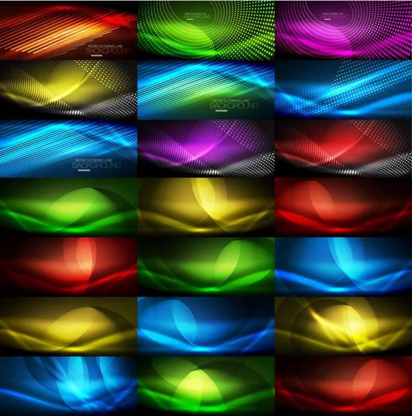 Set gloeiende neon techno shapes, de collectie abstracte achtergrond. Vector futuristische magische ruimte wallpapers — Stockvector