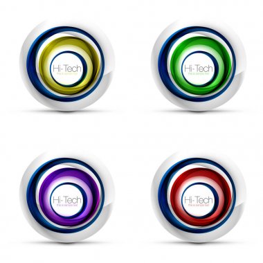 Ayarla dijital techno küreler - web afiş, düğmeler veya metinlere sahip simgeler. Parlak girdap renk soyut daire tasarım, renk halkalar ve gri metalik öğesi ile yüksek teknoloji fütüristik sembolleri