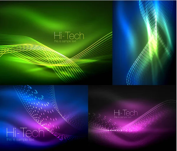 Set di onde multicolori di fumo al neon, sfondi astratti vettoriali, concetto di onda di flusso digitale con particelle in movimento, idea di big data. Colore astratto luce brillante effetto fumo geometrico — Vettoriale Stock