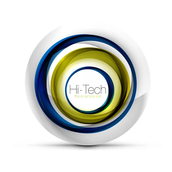 Techno sfera digitale banner web, pulsante o icona con testo. Design a cerchio astratto color turbinio lucido, simbolo futuristico hi-tech con anelli di colore ed elemento metallico grigio — Vettoriale Stock