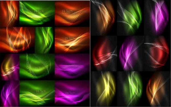 Elegant smooth particles neon wave set, shiny light effects templates for web banner, business or technology presentation background or elements — Stock Vector