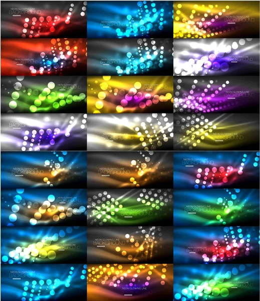 Neon glowing light abstract backgrounds collection, mega set of energy magic concept backgrounds — Stock Vector