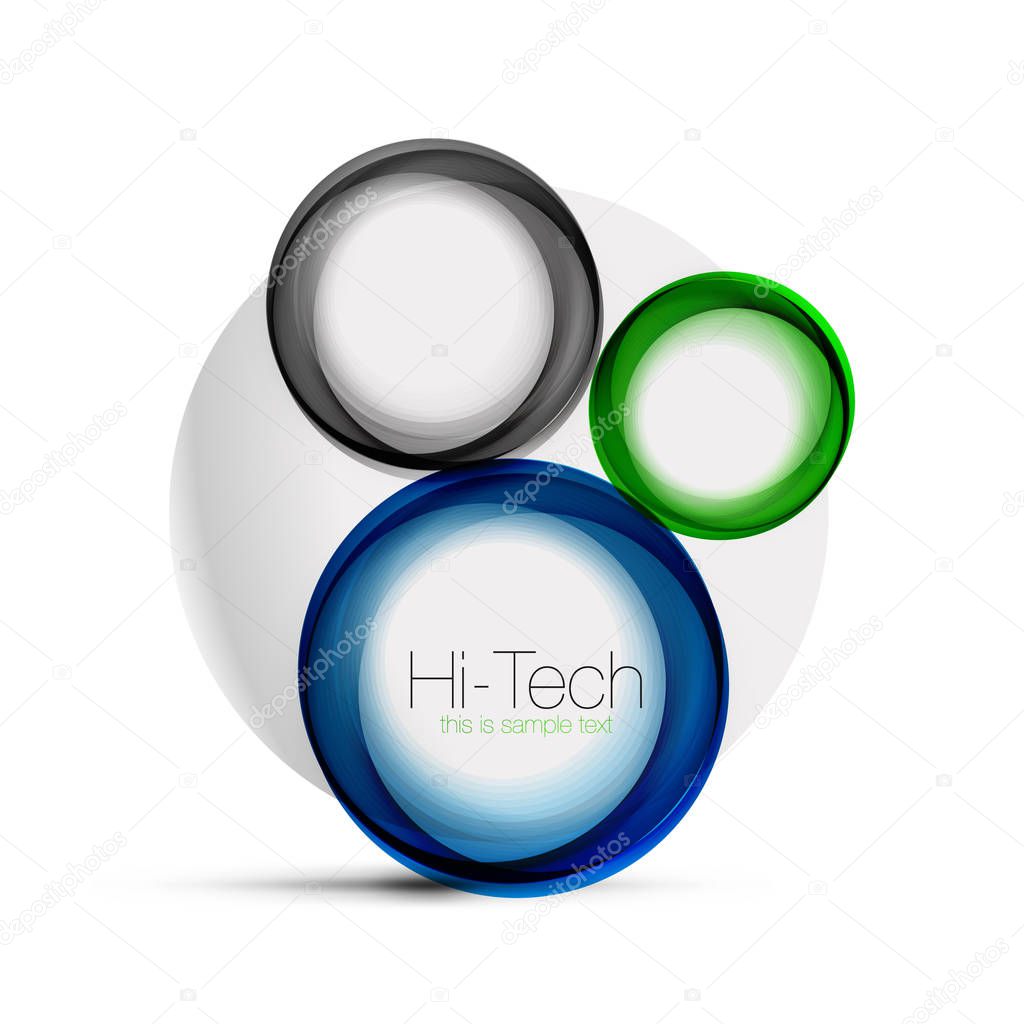 Circle web layout - digital techno spheres - web banner, button or icon with text. Glossy swirl color abstract circle design, hi-tech futuristic symbol with color rings and grey metallic element