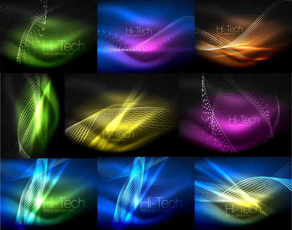 Set van veelkleurige neon rookdeeltjes golven, abstracte achtergronden, digitale stroom Golf concept met deeltjes in beweging, grote gegevens idee vector. Abstracte glanzende lichte rook kleureffect geometrische — Stockvector