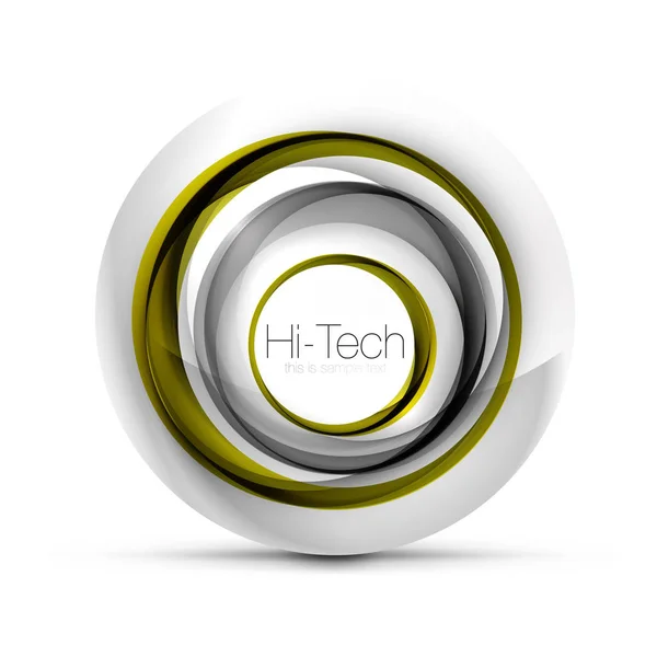 Digitális techno gömb web banner, gomb vagy ikon-val szöveg. Fényes örvény színes absztrakt kör design, hi-tech futurisztikus szimbólum színes gyűrűkkel és szürke fém-elem — Stock Vector