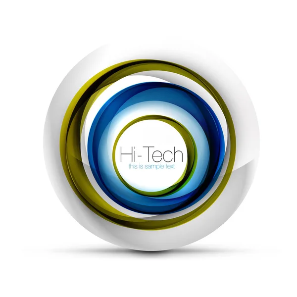 Digital techno esfera web banner, botão ou ícone com texto. Design de círculo abstrato de cor redemoinho brilhante, símbolo futurista oi-tech com anéis de cor e elemento metálico cinza —  Vetores de Stock