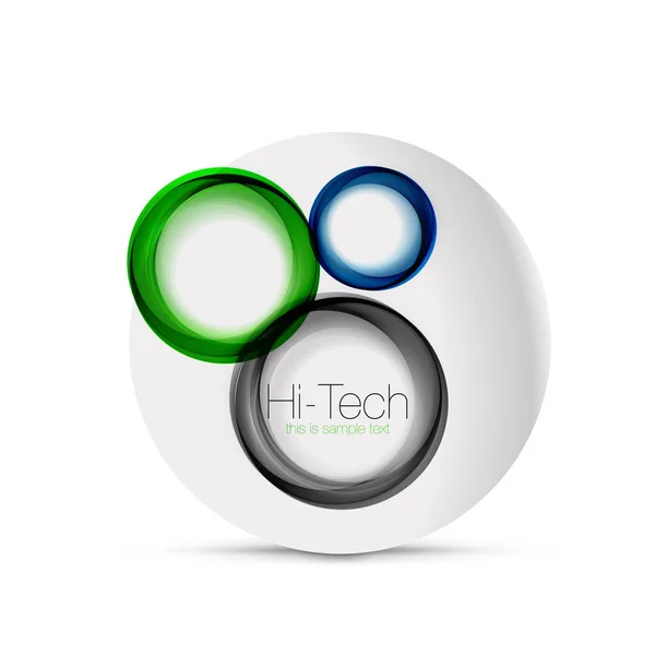 Diseño web circular - esferas digitales techno - banner web, botón o icono con texto. Diseño de círculo abstracto de color remolino brillante, símbolo futurista de alta tecnología con anillos de color y elemento metálico gris — Archivo Imágenes Vectoriales