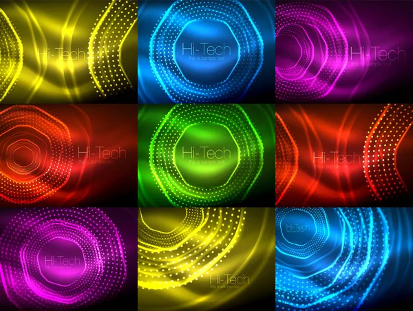 Set of magic neon shape abstract background, shiny light effect template for web banner, business or technology presentation background or elements — Stock Vector