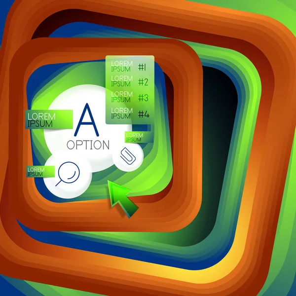 Fond carré tourbillonnant rotatif, rectangles de couleur avec effet de mélange pas à pas avec des infographies échantillon ou slogan. Modèle de présentation d'entreprise. Fond abstrait vectoriel — Image vectorielle