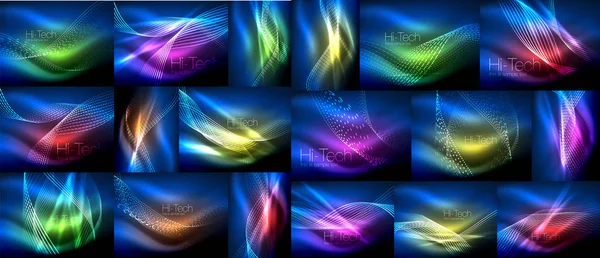 Elegante conjunto de ondas de neón de partículas lisas, plantillas de efectos de luz brillante para banner web, fondo de presentación de negocios o tecnología o elementos — Archivo Imágenes Vectoriales