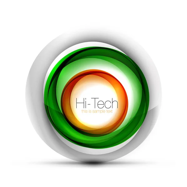 Techno sfera digitale banner web, pulsante o icona con testo. Design a cerchio astratto color turbinio lucido, simbolo futuristico hi-tech con anelli di colore ed elemento metallico grigio — Vettoriale Stock