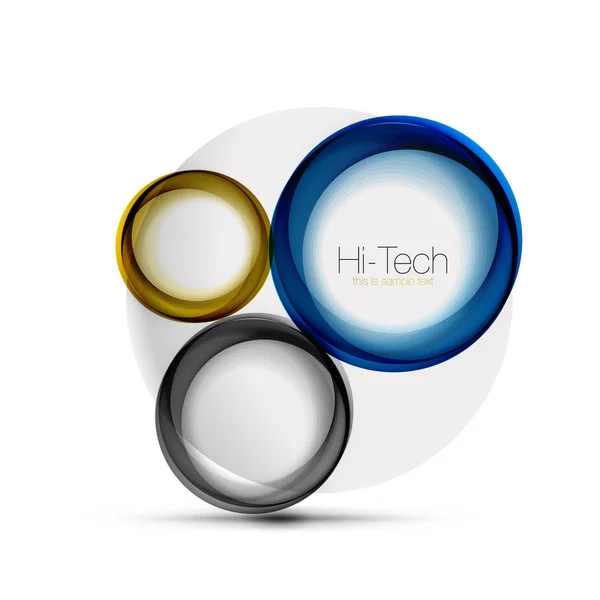 Diseño web circular - esferas digitales techno - banner web, botón o icono con texto. Diseño de círculo abstracto de color remolino brillante, símbolo futurista de alta tecnología con anillos de color y elemento metálico gris — Archivo Imágenes Vectoriales