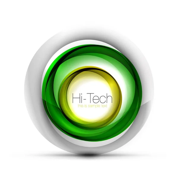 Web-Banner der digitalen Techno-Sphäre, Schaltfläche oder Icon mit Text. Hochglanz-Wirbelfarbe abstraktes Kreisdesign, Hi-Tech-futuristisches Symbol mit Farbringen und grauem Metallic-Element — Stockvektor