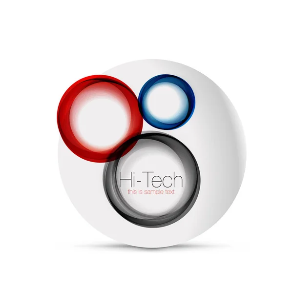 Diseño web circular - esferas digitales techno - banner web, botón o icono con texto. Diseño de círculo abstracto de color remolino brillante, símbolo futurista de alta tecnología con anillos de color y elemento metálico gris — Archivo Imágenes Vectoriales