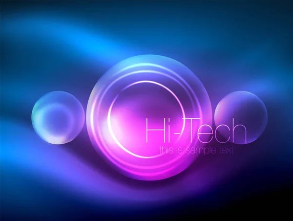 Cercle lumineux néon flou, gabarit bulle moderne hi-tech, formes rondes ou sphères en verre éclatant techno. Fond abstrait géométrique — Image vectorielle