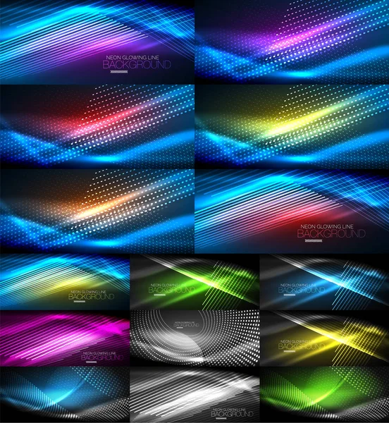 Neon glowing light abstract backgrounds collection, mega set of energy magic concept backgrounds — Stock Vector