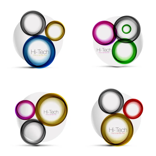 Set of circle web layouts - digital techno round shapes - web banners, buttons or icons with text. Glossy swirl color abstract circle designs, hi-tech futuristic symbol, rings — Stock Vector