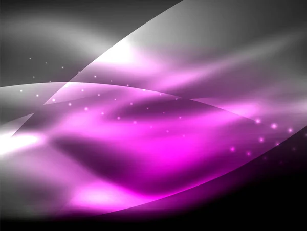 Fondo de onda de neón con efectos de luz, líneas curvas con puntos brillantes y brillantes, colores brillantes en la oscuridad, energía mágica — Vector de stock