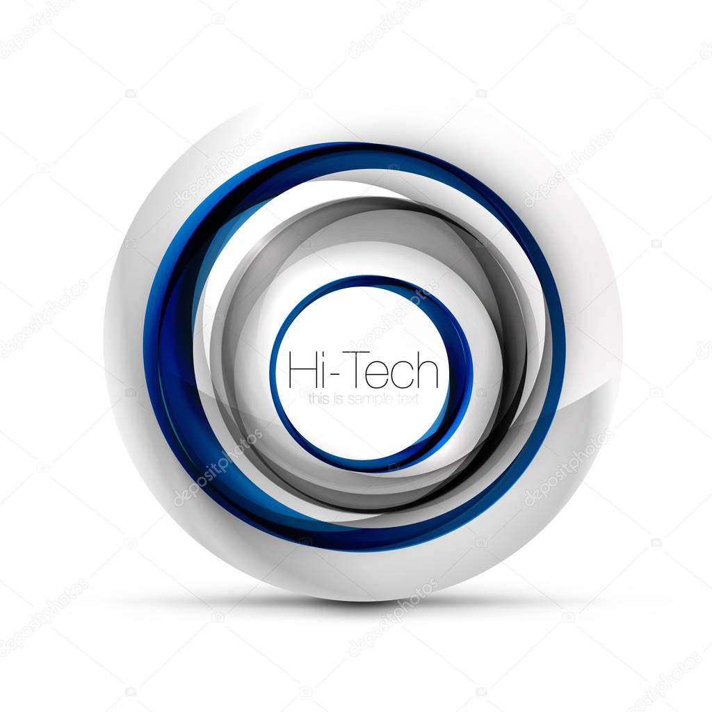Digital techno blue color sphere web banner, button or icon with text. Glossy swirl color abstract circle design, hi-tech futuristic symbol with color rings and grey metallic element. Vector