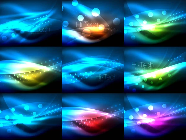 Set of neon wave backgrounds with light effects, curvy lines with glittering and shiny dots, glowing colors in darkness, vector magic illustrations — Stock Vector