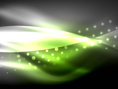 Neon dalga arka plan ışık efektleri, ışıltılı ve parlak nokta, karanlıkta, sihirli enerji parlak renkleri ile curvy hatları ile