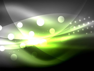 Neon dalga arka plan ışık efektleri, ışıltılı ve parlak nokta, karanlıkta, sihirli enerji parlak renkleri ile curvy hatları ile