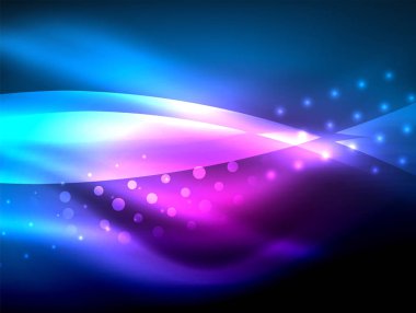 Neon dalga arka plan ışık efektleri, ışıltılı ve parlak nokta, karanlıkta, sihirli enerji parlak renkleri ile curvy hatları ile