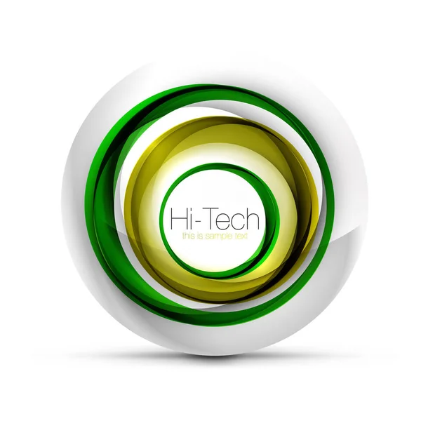Banner web digital tecno esfera, botón o icono con texto. Diseño de círculo abstracto de color remolino brillante, símbolo futurista de alta tecnología con anillos de color y elemento metálico gris — Vector de stock