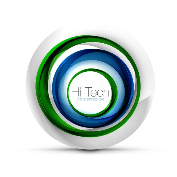 Digital techno esfera web banner, botão ou ícone com texto. Design de círculo abstrato de cor redemoinho brilhante, símbolo futurista oi-tech com anéis de cor e elemento metálico cinza — Vetor de Stock