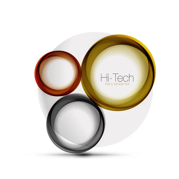 Diseño web circular - esferas digitales techno - banner web, botón o icono con texto. Diseño de círculo abstracto de color remolino brillante, símbolo futurista de alta tecnología con anillos de color y elemento metálico gris — Archivo Imágenes Vectoriales