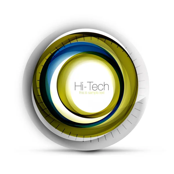 Web-Banner der digitalen Techno-Sphäre, Schaltfläche oder Icon mit Text. Hochglanz-Wirbelfarbe abstraktes Kreisdesign, Hi-Tech-futuristisches Symbol mit Farbringen und grauem Metallic-Element — Stockvektor