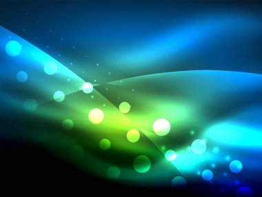 Neon dalga arka plan ışık efektleri, ışıltılı ve parlak nokta, karanlıkta, sihirli enerji parlak renkleri ile curvy hatları ile
