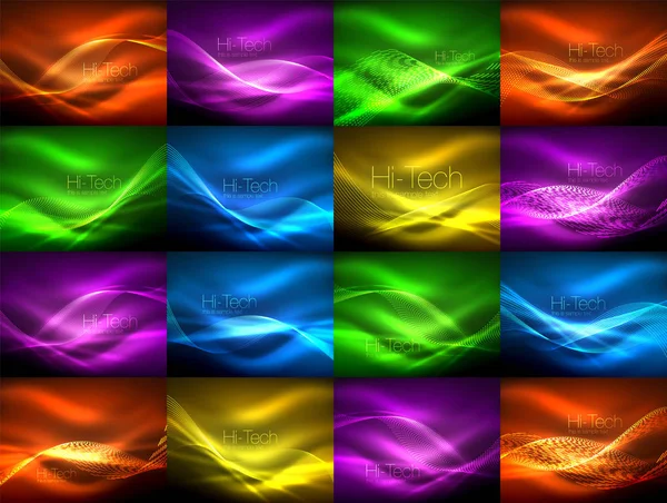 Set of neon wave backgrounds with light effects, curvy lines with glittering and shiny dots, glowing colors in darkness, vector magic illustrations — Stock Vector