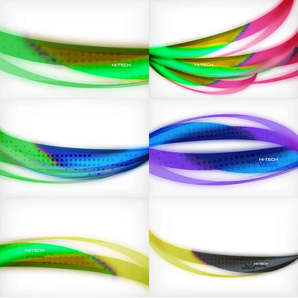 Набор глянцевых волновых векторных фонов, векторных волнистых линий со световыми эффектами и текстурой, цифровые футуристические шаблоны — стоковый вектор