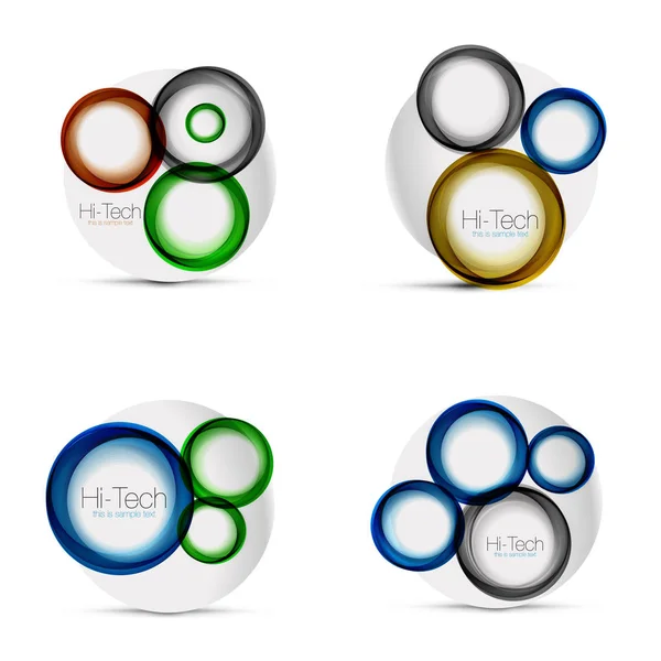 Conjunto de diseños web de círculo - formas redondas tecno digitales - banners web, botones o iconos con texto. Dibujos abstractos del círculo del color del remolino brillante, símbolo futurista de alta tecnología, anillos — Vector de stock