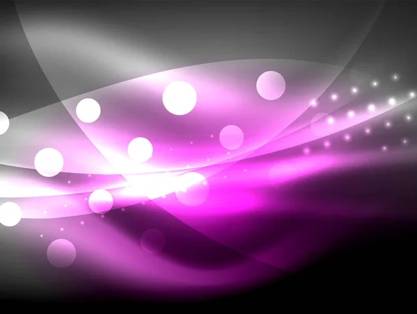 Неоновая волна фон со световыми эффектами, кривые линии с блестящими и блестящими точками, светящиеся цвета в темноте, волшебная энергия — стоковый вектор