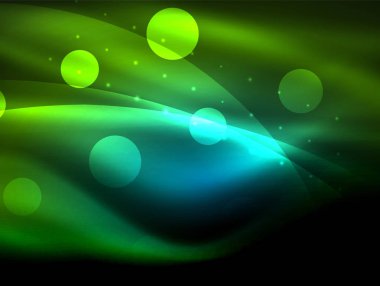 Neon dalga arka plan ışık efektleri, ışıltılı ve parlak nokta, karanlıkta, sihirli enerji parlak renkleri ile curvy hatları ile