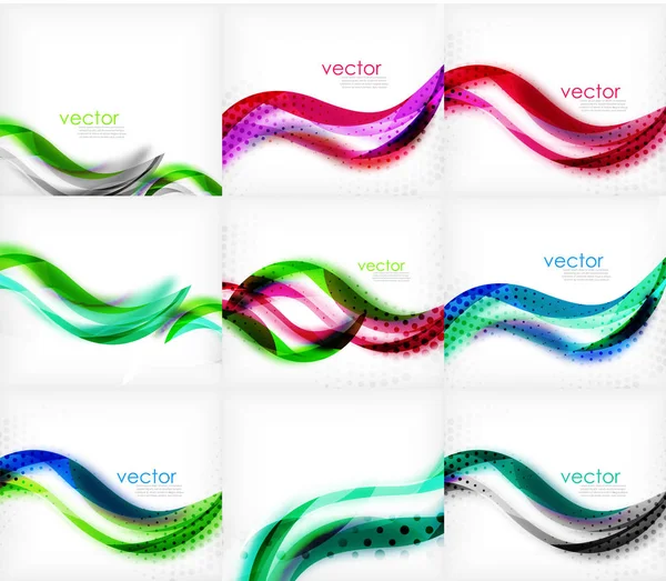 Ensemble d'arrière-plans de rayures colorées floues ondulées, modèle d'arrière-plans abstraits couleur lumineuse techno numérique. Collecte des vagues — Image vectorielle