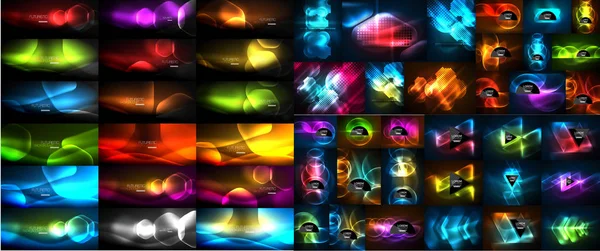 Mega collection of vector glowing effect abstract backgrounds - shiny lines, waves, geometric forms in the dark with glow effect. Business presentation design templates, web brochure or web flyer — Stock Vector