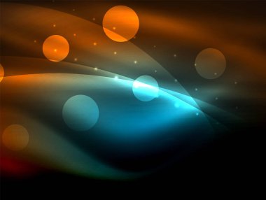 Neon dalga arka plan ışık efektleri, ışıltılı ve parlak nokta, karanlıkta, sihirli enerji parlak renkleri ile curvy hatları ile